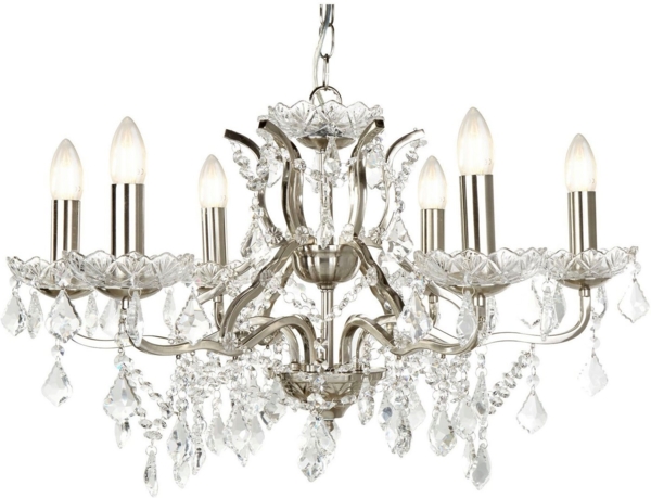 Paris 6Flammiger Kronleuchter, Klare Kristalltropfen & Verkleidung, Satin Silber