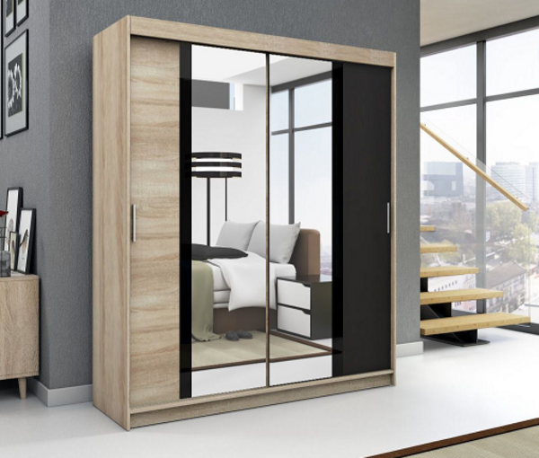 Schwebetürenschrank BRANI 2-türig Schrank 180 cm (mit Spiegel) Farbe: Sonoma , schwarz