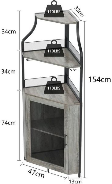 GarveeMore Eckschrank 5-stöckiges mit Glasständer und verstellbaren Regalen,47x32x154cm industrielles Eckschrank,Weinschrank mit Türen aus Metallgitter fürbar