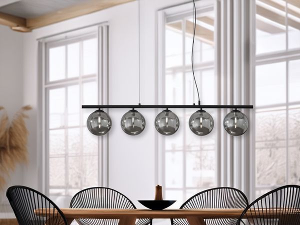 Pendelleuchte HONEY 5-flammig Schwarz-Glaskugeln Rauchglas, Breite 100cm