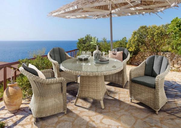Destiny Garten-Essgruppe MALAGA LUNA, (13-tlg, 4x Sessel, 1x Tisch, inkl. Auflagen), Aluminium, Polyrattan