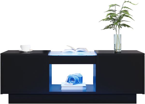 Kommode 100x50x35,5 cm, Schwarz mit Glaseinsatz, LED-Beleuchtung (App-Steuerung), 2 Schubladen, offenes Fach
