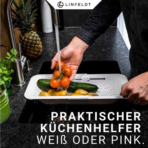 LINFELDT Küchensieb Ausziehbares Abtropfsieb für die Spüle 36 - 49,5cm, Spülmaschinenfest