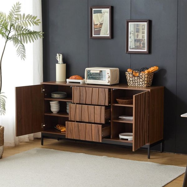 MODFU Sideboard Mid Century Modern Dekorativer Schrank (Kommode, Anrichte, Wohnzimmerschrank, Aufbewahrungsschrank, 1 St, 3 Schubladen, 2 Türen), einteilige Aussparung, 2 verstellbare Regalebenen