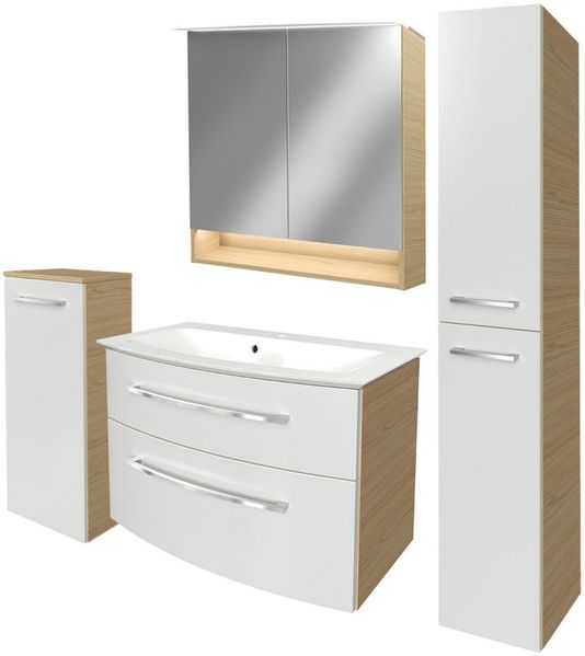FACKELMANN B.STYLE Badmöbel Set 5-teilig 83 cm breit, Weiß/Braun + LED Spiegelschrank + Midischrank + Hochschrank