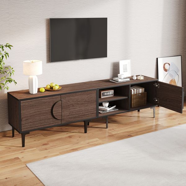 TV-Schrank B 180 x T 35 x H 49 cm in Dunkel Walnuss, mit 3 Türen und 2 offenen Fächern