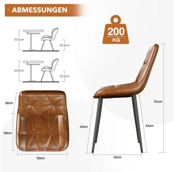 TLGREEN Esszimmerstuhl 2/4-er Küchenstuhl, PU Polsterstuhl mit Rückenlehne, (Metallbeine,Stabil, Komfortabel, Einfache Montage,Bis 200 kg, 4 St), für Wohnzimmer,Café, Teestube