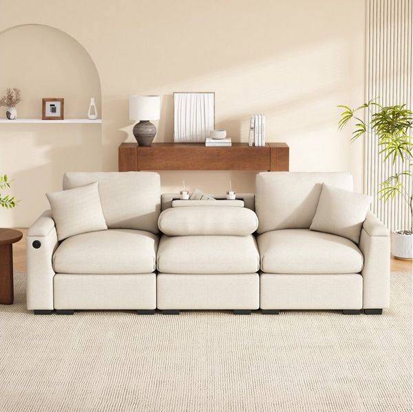 Merax 3-Sitzer Sofa aus weichem Chenille, Multifunktionssofa mit USB-Anschluss, für Wohnzimmer, Büro und Heimkino 1 Teile, XXL Sofa mit klappbarer Rückenlehne, Getränkehalter & Stauraum