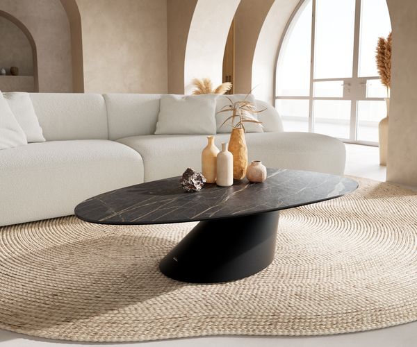 Couchtisch Edge Oval 140x75 cm Keramik Laminam® Noir Desir Braun Conis Metall Schwarz