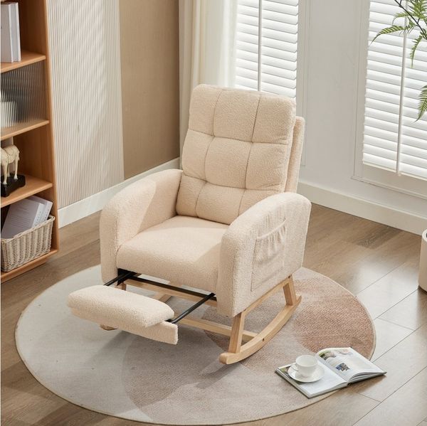 REDOM Schaukelstuhl Moderner Schaukelstuhl Beige mit Teddyfleece-Bezug (Relaxsessel, Wohnzimmersessel, Schlafzimmersessel, 1 St), Seitentasche, Ideal für Wohnzimmer, Büro oder Kinderzimmer