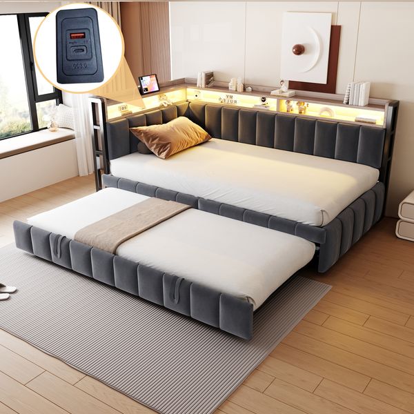Polsterbett Schlafsofa, Ausziehbett, LED-Beleuchtung, Ablagefächer Kopf- und Fußende, USB-/Typ-C-Anschlüsse, Einzelschlafsofa, Samtstoff, Dunkelgrau, 90×200 cm