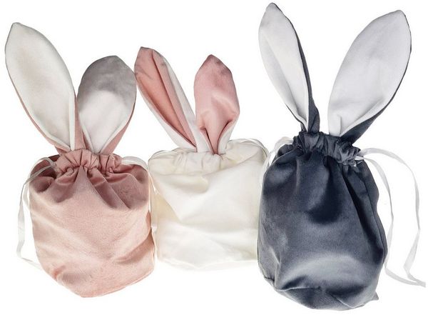 Macosa Home Osternest Oster-Geschenktasche Samt 3er Set Hasenohren Rosé. Weiß, Grau, Osterbeutel Geschenkbeutel Ostertasche