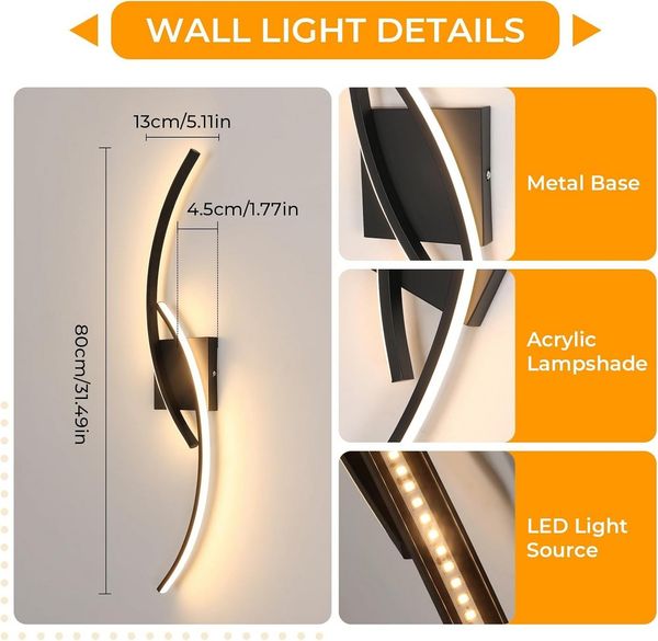 Riserva Wandleuchte Moderne Wandleuchte Treppe 80cm Schwarz 25W LED 3000K Warmweiß Bild 2