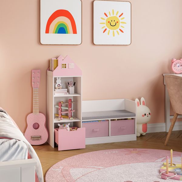 Kindersitzbank mit Regal Vipsali 100x99x30 cm Rosa/Weiß [en. casa]