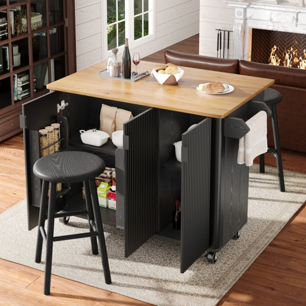 Kücheninsel, Speisewagen mit Holzmaserung, Buffet, Ausziehbarer Küchenwagen auf Rädern, Handtuchhalter, Gewürzregal, verstellbare Trennwände, 3 Türen, Holz, Weiß/Schwarz, 130 x 45(75) x 92 cm