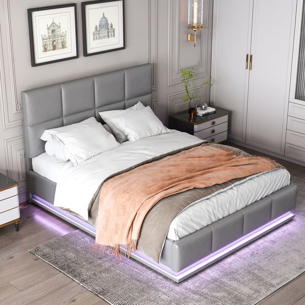 LED Polsterbett 140x200 cm Doppelbett mit Aufbewahrung, Kunstleder, hydraulischem Hub, Metallrahmen,Grau