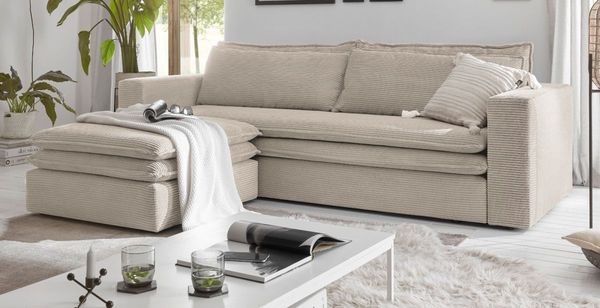 Sofa 3-Sitzer Pesaro in beige Cord Schlafsofa Set inkl. Hocker