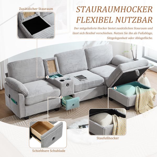 Sofa Cord Stoff USB Ladeanschluss Stauraumhocker Schieber Konsole,Hellgrau Bild 6