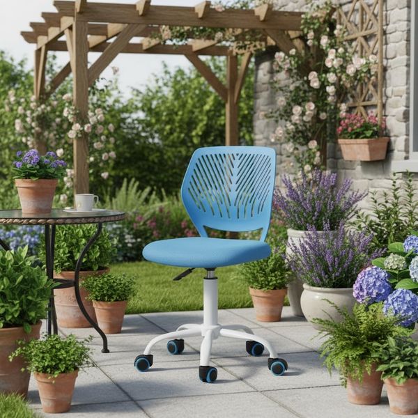 FurnitureR Lounge-Stuhl ergonomisch, höhenverstellbar, ohne Armlehnen, Netzrückenlehne, Sitzfläche 38x40 cm, Rückenlehne 32cm, Metallfuß mit Rollen, 130kg Tragkraft, für Terrasse & Balkon, Blau