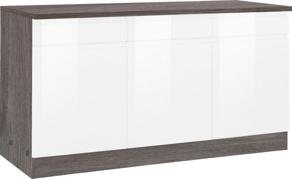 KOCHSTATION Unterschrank Vitrine, Sideboard, Kommode, Küchenschrank, Schrank, mit Schublade (Stauraum, Softclose) 85 cm hoch, 150 cm breit, 3 Schubladen, 3 Türen, griffloses Design