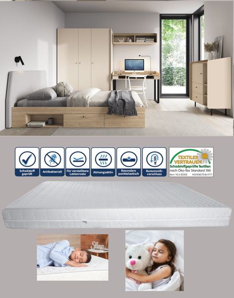 Jugendzimmer Ara in Sand und Eiche – Moderne Möbel Komplett-Sets in verschiedenen Set-Varianten oder als Einzelmöbel für Kinder & Jugendliche - 7 teilig , Kleiderschrank · Kommode · Schreibtisch · Jugendbett 90 × 200 cm · Matratzenauflage · Wandregal ·...
