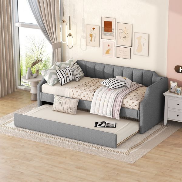 90 x 200(190) DAY-Betten, Gepolstertes Einzeltagesbett mit Rollbett, Grau