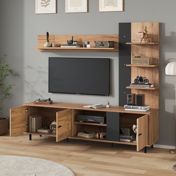 MODFU TV-Schrank Fernsehschrank-Set 187,5 x 167 x 40 cm mit 3 Schränken, Holz/Schwarz (TV Wohnzimmermöbel-Set, 1-St, TV Wohnwand-set mit Vitrine, Mediawand inkl) Anbauwand, Wohnzimmerwand, TV bis 80'