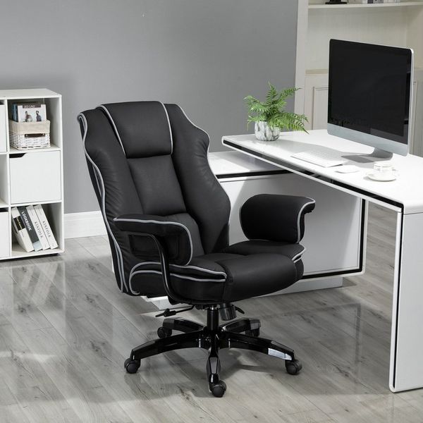 Vinsetto Ergonomischer Bürostuhl mit Armlehnen, Höhenverstellbarer Schreibtischstuhl mit Wippfunktion, Drehstuhl, Kunstleder, Schwarz, 76 x 80 x 118-124 cm