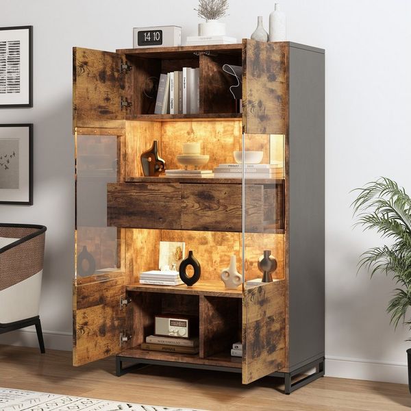 OKWISH Vitrine Weinschränke, Bücherregale (Stauraumvitrine mit Acrylblende, 1-St, mit 2 Schubladen) mit LED-Beleuchtung