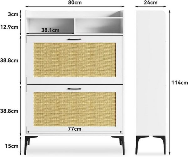OUNUO Schuhschrank mit Rattan-Dekoration, 2 klappbare Schubladen, und Metallfüßen Bild 4