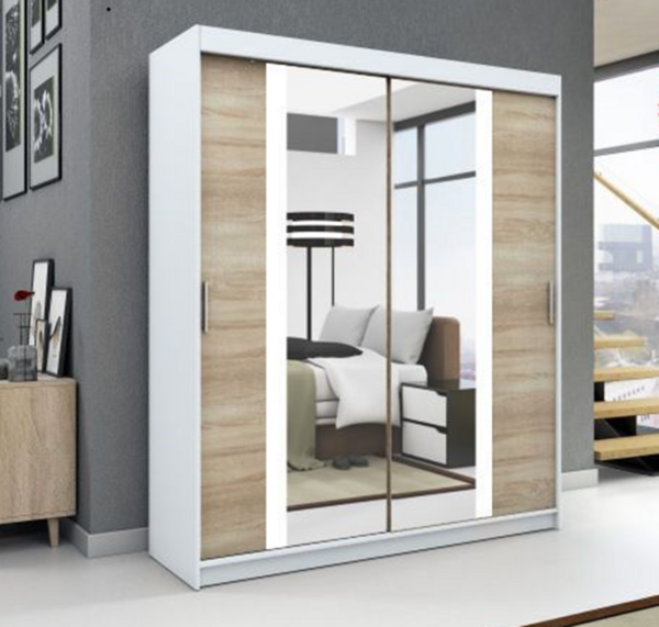 Schwebetürenschrank BRUNI 2-türig Schrank 160 cm (mit Spiegel) Farbe: Weiß , sonoma