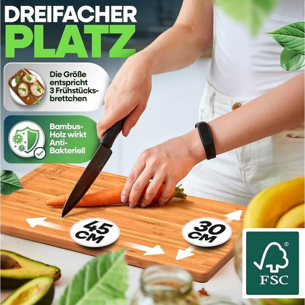 Loco Bird Schneidebrett mit Saftrille - 44,8x30x2 cm großes Holz-Brett für die Küche, Bambus, (1-St, XXL Tranchierbrett), Antibakterielles Holzbrett