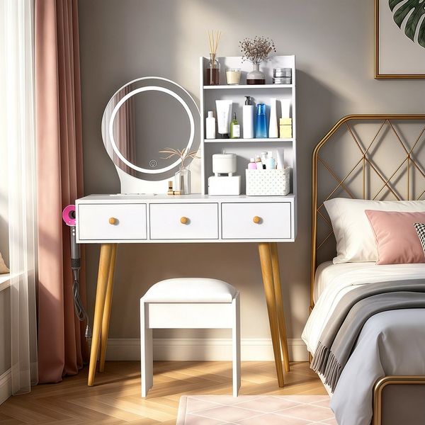 GLIESE Schminktisch mit Spiegel und Hocker Set mit 3 Farbtemperaturen & dimmbar (1-St, Frisierkommode, Schminkhocker), 2 Steckdose + 2 USB, mit 3 Schubladen + Föhnhalter, für Schlafzimmer