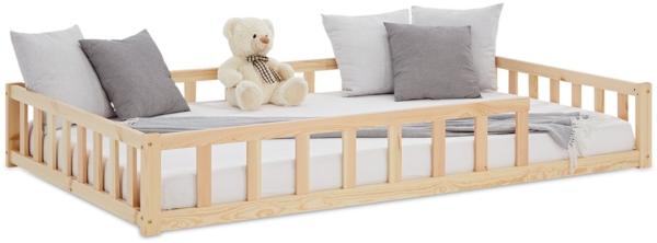 Kinderbett 120x200 Bodenbett mit Rausfallschutz Montessori Bett Kleinkindbett Holz Kiefer Natur Massiv Einzelbett Lattenrost Bettgestell