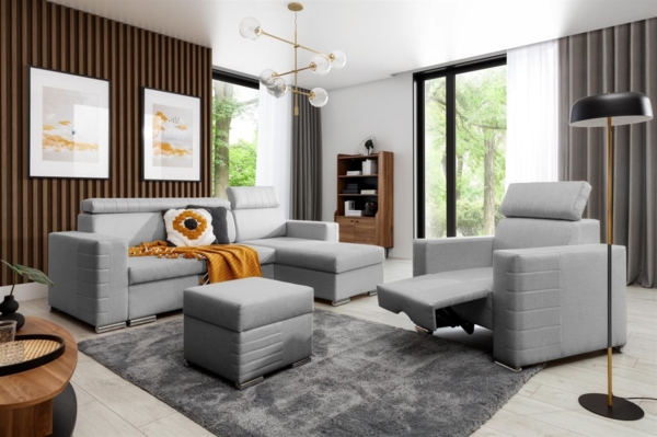 Ecksofa inkl. Hocker und Sessel CANTON Stoff Liverpool Aschgrau Ottomane Rechts