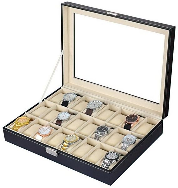 Sinoba Uhrenbox Uhrenkoffer Uhrenbox für Uhrensammlung in Leder-Optik Echtglas-Fenster