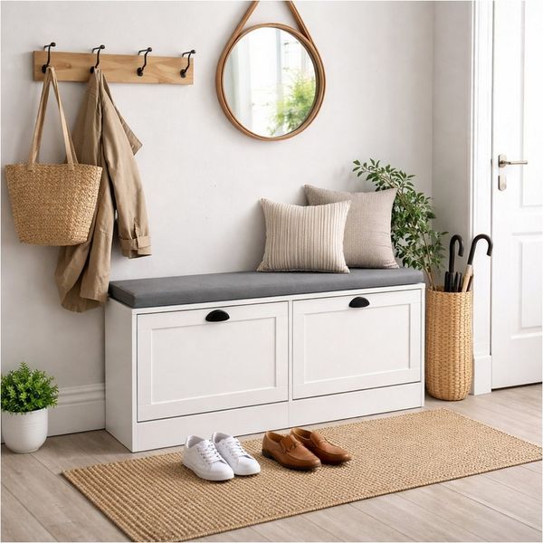 HTI-Living Schuhschrank Thekla 2 Klappen 105 cm Weiß mit Sitzkissen (1 Stück, 1-St, 1 Schuhschrank) Schuhkipper