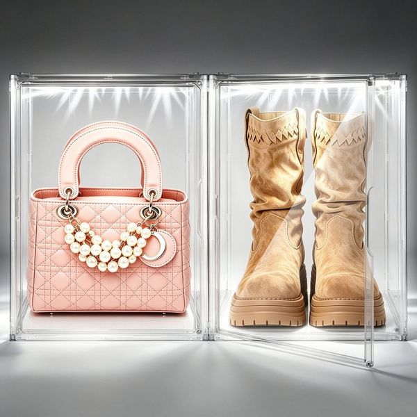 XERSEK Vitrine LED Transparente Schuhbox Acryl Displaybox Organizer Aufbewahrungsbox (Set, 2-St, 44×33×33cm Stapelfähig mit Magnettür) für Modelle Spielzeug Handtasche