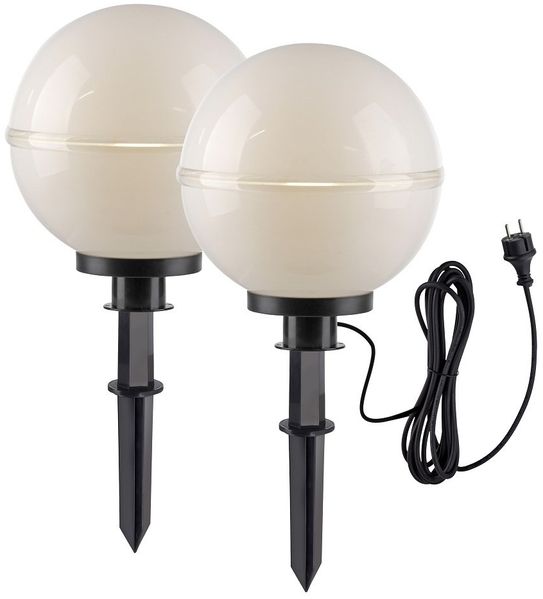 2x Außen Steckleuchten, Kugel, weiß, Erdspieß, Kabel, D 30 cm