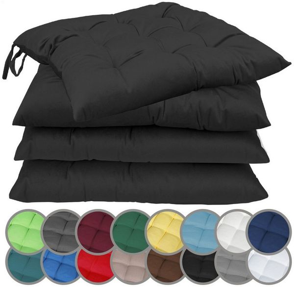 NatureMark 4er Set Stuhlkissen mit Bändern Gr. 40x40 cm Sitzkissen gefüllt, Schwarz