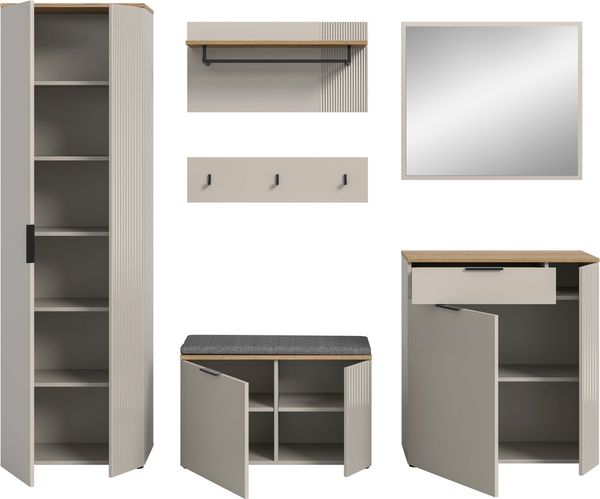 Home affaire Garderoben-Set EDIL, Breite 250 cm, 6-teilig, Front mit hochwertiger Längstfräsung, (Set, 6-St, Hochschrank, Sitzbank, Kissen, Paneel, Hakenleiste, Kommode & Spiegel), Garderobenkombination, Kombination, Set, Garderobe, Flurgarderobe Bild 4