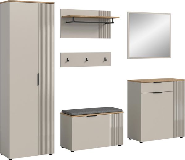 Home affaire Garderoben-Set EDIL, Breite 250 cm, 6-teilig, Front mit hochwertiger Längstfräsung, (Set, 6-St, Hochschrank, Sitzbank, Kissen, Paneel, Hakenleiste, Kommode & Spiegel), Garderobenkombination, Kombination, Set, Garderobe, Flurgarderobe
