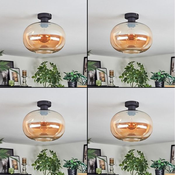 hofstein Deckenleuchte Deckenlampe aus Metall/Glas in Schwarz/Bernsteinfarben, Deckenleuchte im Retro/Vintage-Design (Schirm Ø 30 cm), E27