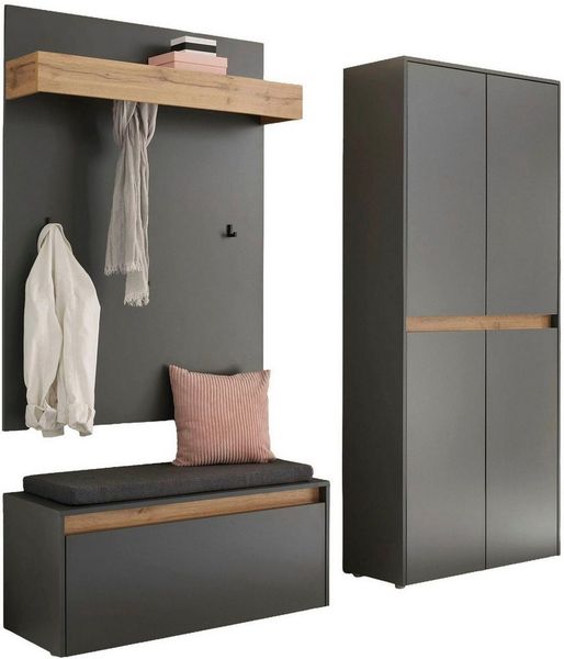 Home affaire Garderoben-Set City/Giron, moderne Garderobe, viel Stauraum, ca. 40 Schuhe, (Set, 3-St), enthält Schuhschrank, Garderobenpaneel & Garderobenbank mit Sitzkissen