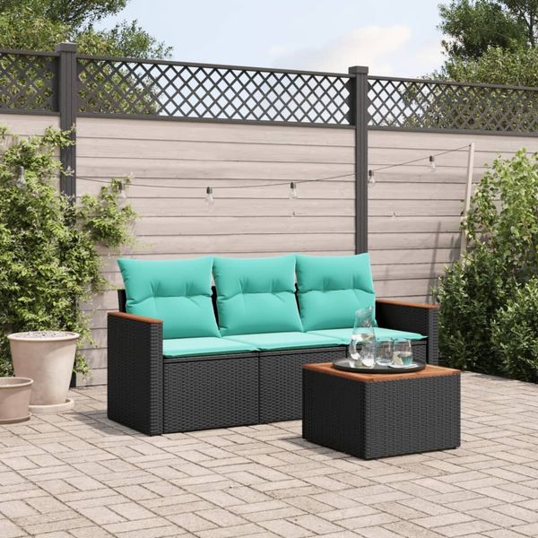 vidaXL 4-teiliges Gartensofa-Set mit Kissen, schwarzes Polyrattan 3225763