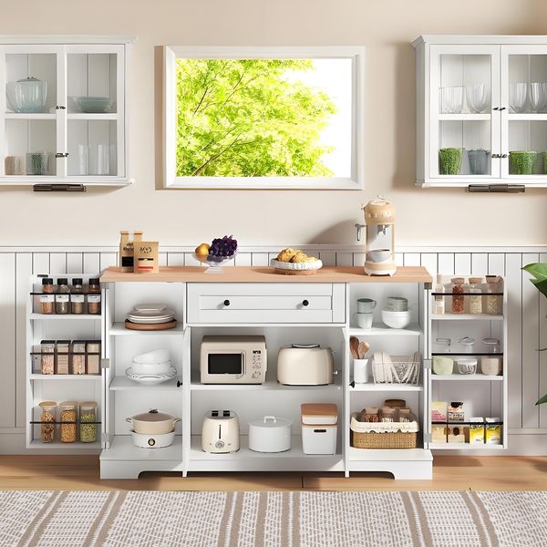 Sideboard 138 cm mit Schublade, Türfächern und Kippsicherung – modernes Küchenbuffet aus MDF in Natur/Weiß