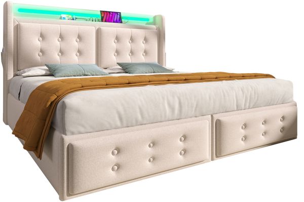 Polsterbett 180x200 cm mit 4 Schubladen, LED-Beleuchtung, USB/Type-C Ladeanschluss, Baumwoll-Leinen,Beige Bild 10