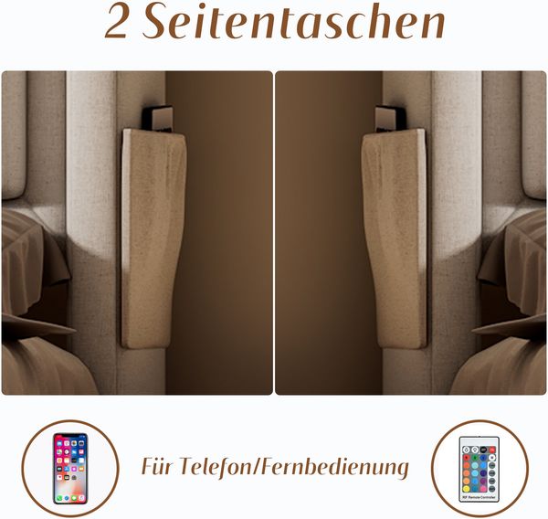 Polsterbett 180x200 cm mit 4 Schubladen, LED-Beleuchtung, USB/Type-C Ladeanschluss, Baumwoll-Leinen,Beige Bild 7