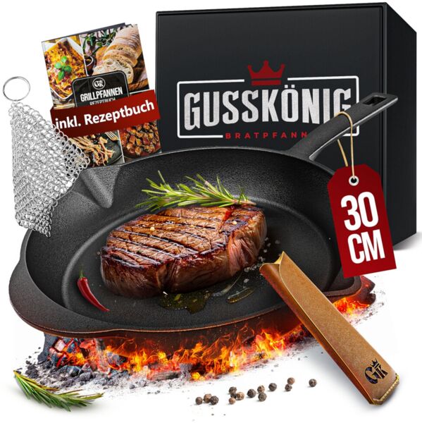 Feuerpfanne 30 cm aus Gusseisen – Bratpfanne mit Stiel Lederüberzug Ringreiniger & Rezeptbuch für Induktion Grill & Herd