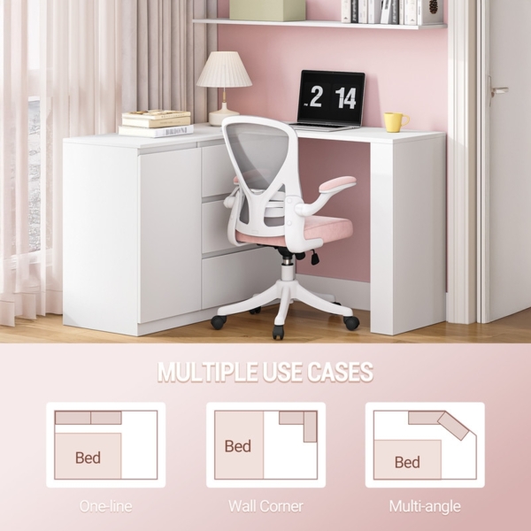 Große Schminktisch mit Schubladen, L-förmiger Eck-Schminktisch, Frisiertisch mit 1 Aufbewahrungsschrank und 2 offenen Ablagefächern, Schlafzimmer, Wohnzimmer, Modern, Weiß Bild 4